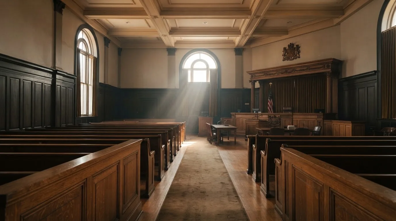 Sala de tribunal vazia com painéis de madeira, à luz da manhã — probabilidades de roleta pt