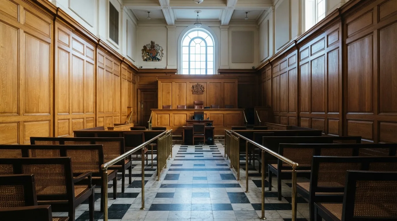 Sala de tribunal vazia com painéis de madeira, à luz da manhã — promoções de casino em portugal