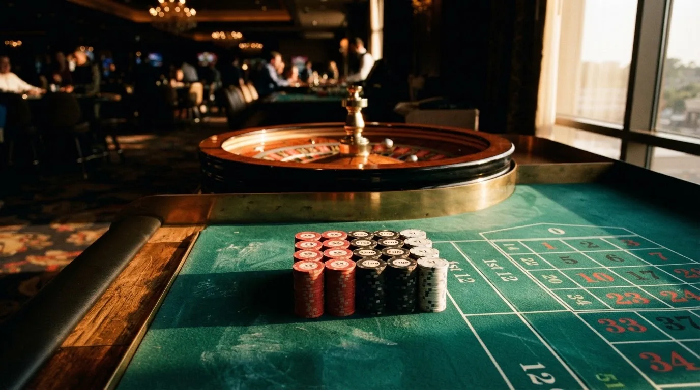 Roda de roleta e fichas sobre feltro verde, sob uma luz quente de fim de tarde — promoções de casino em portugal