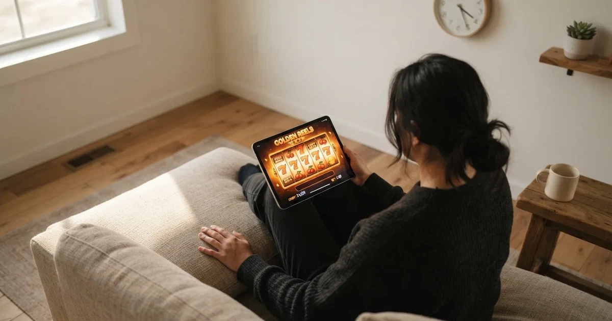 Pessoa num sofá a olhar pensativa para um tablet, com um relógio na parede atrás — promoções de casino em portugal