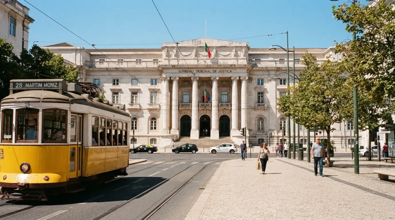 Edifício institucional de pedra com colunas junto a uma avenida lisboeta, céu limpo, elétrico amarelo ao longe, fotografia de rua.