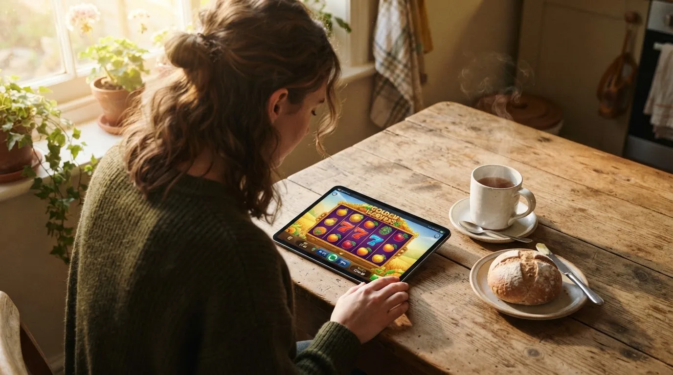 Jovem sentado à mesa da cozinha a explorar um tablet com ar curioso, chávena de chá e pão sobre a mesa, luz da manhã.