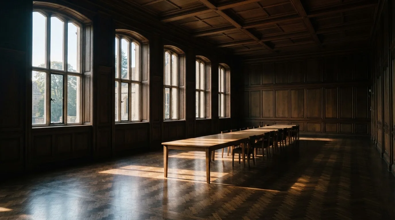 Sala de tribunal vazia com painéis de madeira, à luz da manhã — roleta americana em portugal