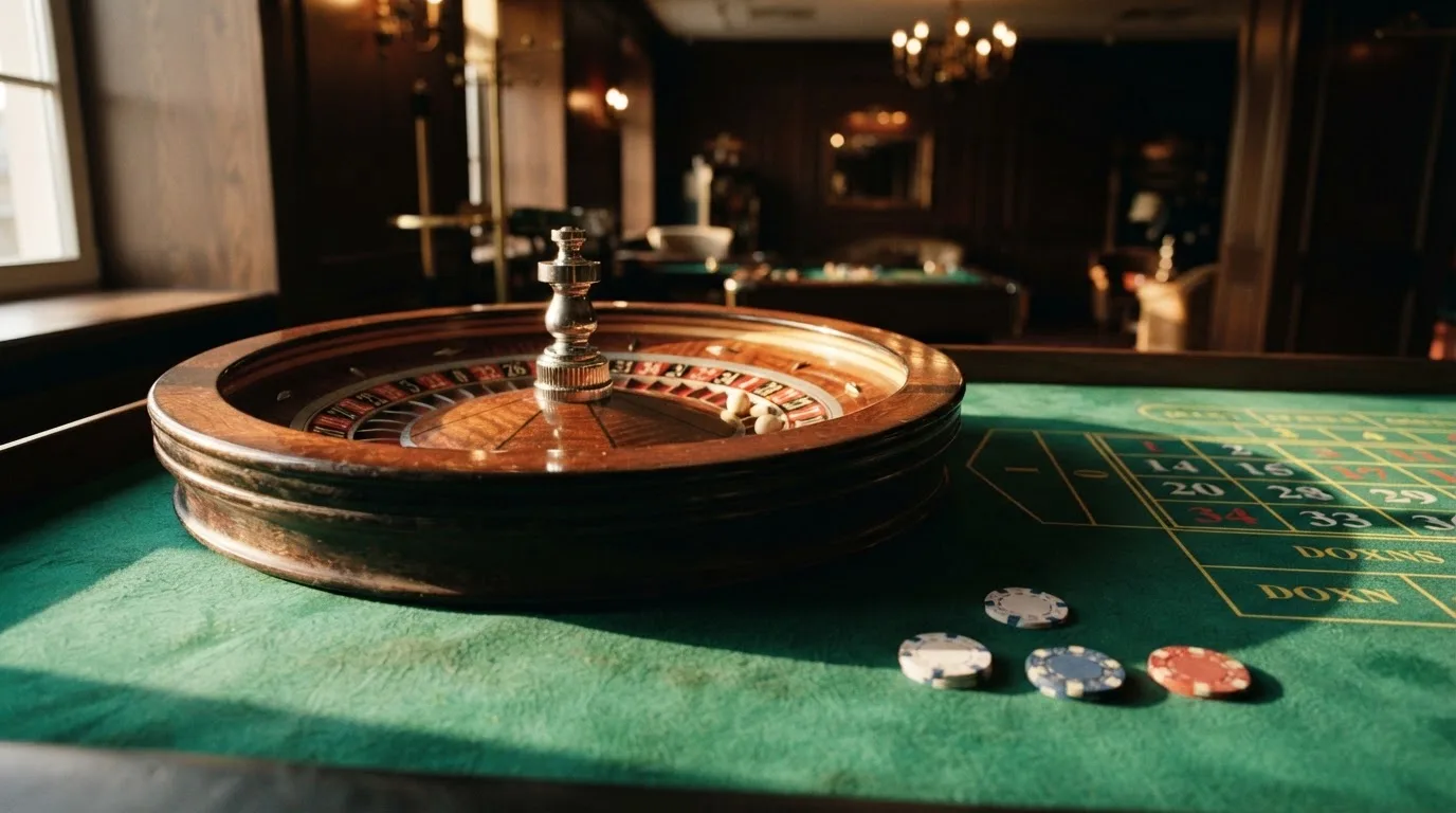 Roda de roleta e fichas sobre feltro verde, sob uma luz quente de fim de tarde — roleta casino em portugal