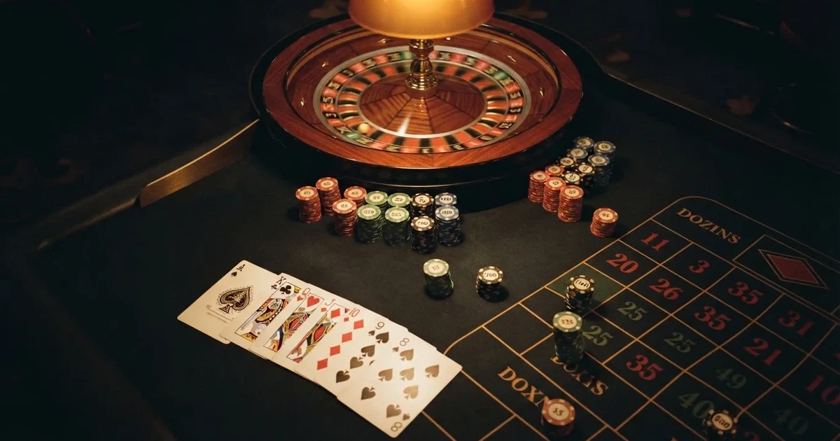 Mesa de jogo iluminada com cartas, vista de cima — roleta demo para portugueses