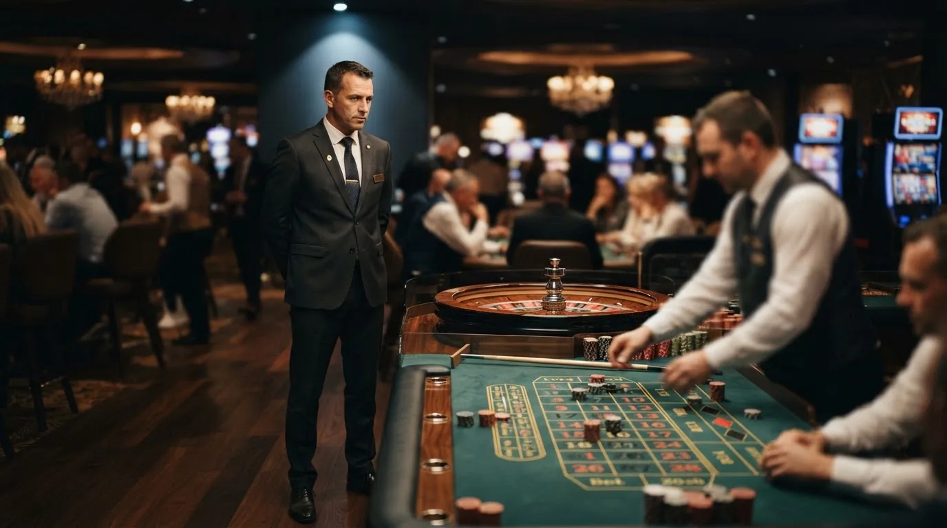 Fiscal de sala de casino de fato escuro a observar atentamente uma mesa de roleta, com jogadores desfocados ao fundo.