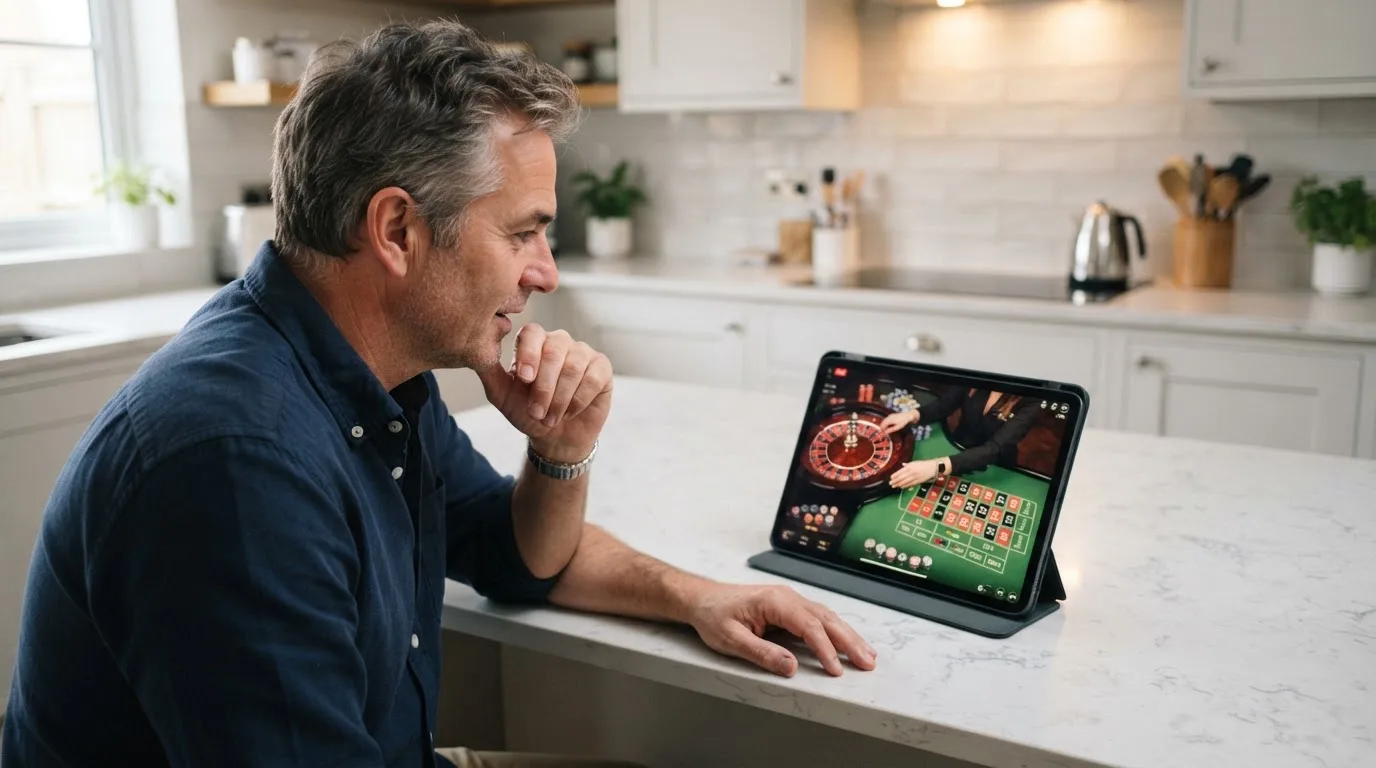 Jogador de meia-idade a ver uma transmissão de roleta num tablet, apoiado na bancada de uma cozinha moderna, com expressão atenta.