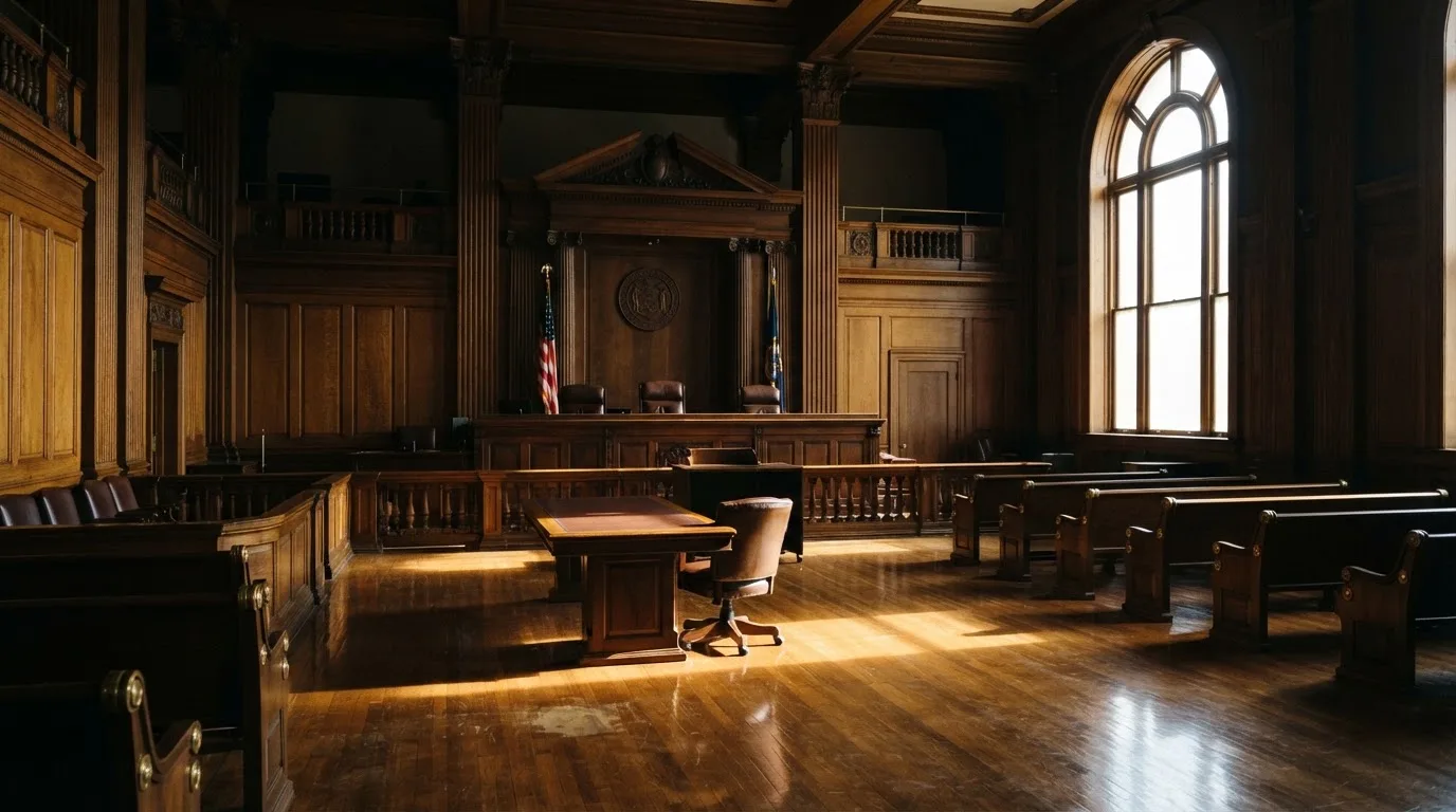 Sala de tribunal vazia com painéis de madeira, à luz da manhã — roleta francesa em portugal
