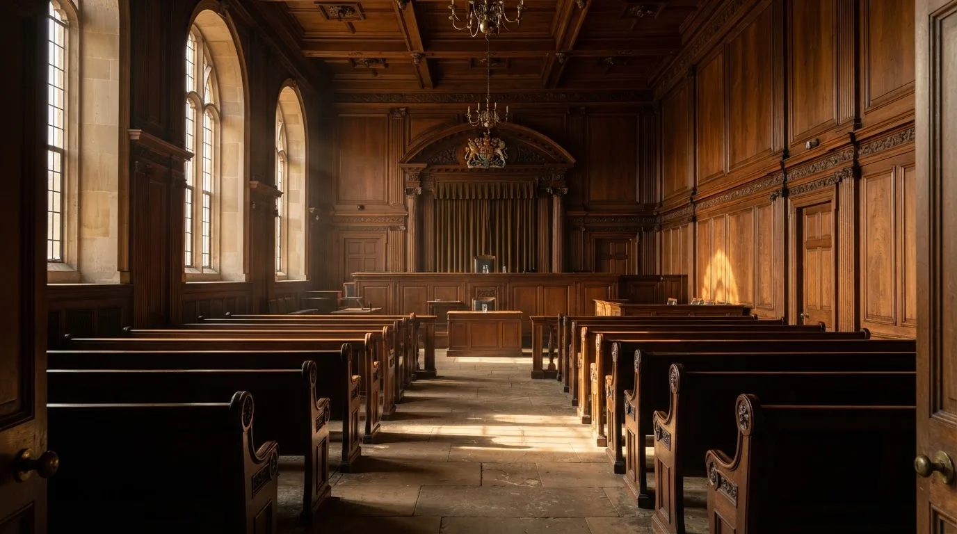 Sala de tribunal vazia com painéis de madeira, à luz da manhã — roleta grátis em portugal