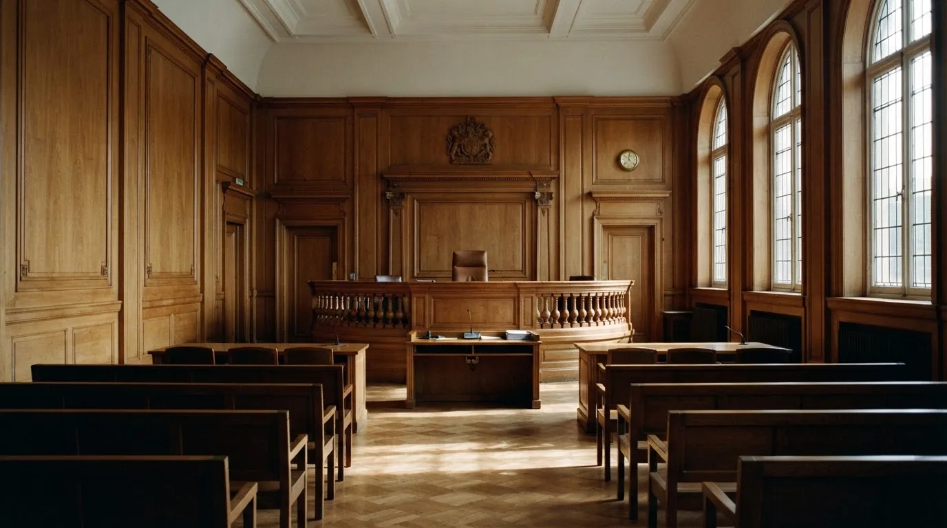Sala de tribunal vazia com painéis de madeira, à luz da manhã — roleta online por dinheiro em portugal