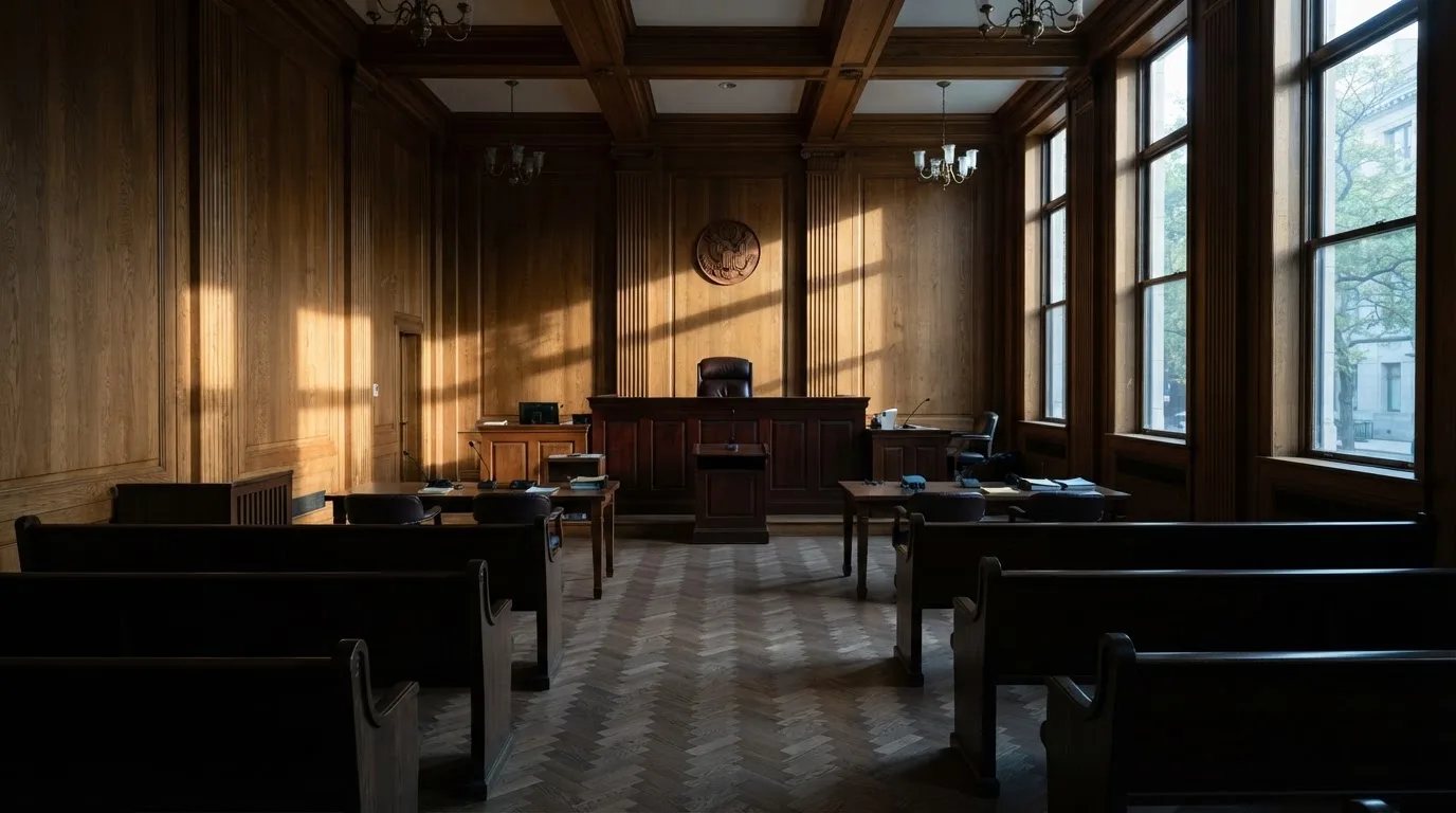 Sala de tribunal vazia com painéis de madeira, à luz da manhã — roleta virtual em portugal