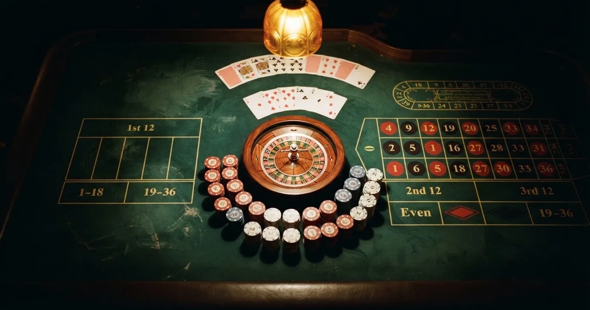Mesa de jogo iluminada com cartas, vista de cima — roleta virtual em portugal
