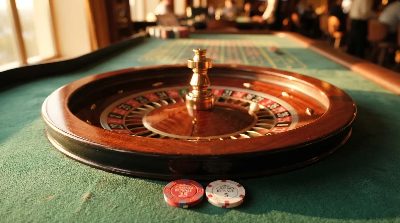 Roda de roleta e fichas sobre feltro verde, sob uma luz quente de fim de tarde — sites de casino para os portugueses