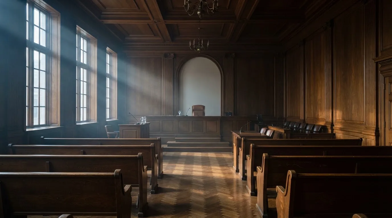 Sala de tribunal vazia com painéis de madeira, à luz da manhã — slot machines em portugal