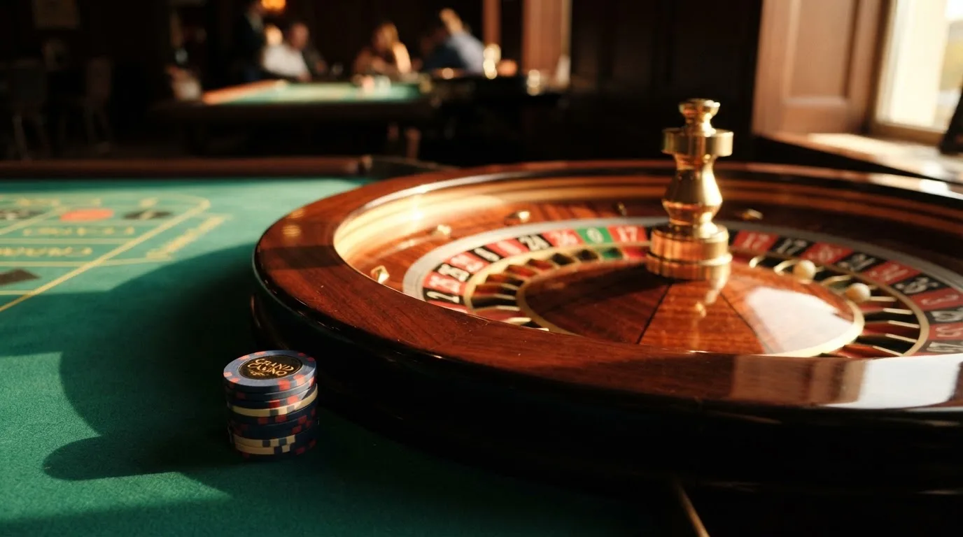 Roda de roleta e fichas sobre feltro verde, sob uma luz quente de fim de tarde — slot machines em portugal