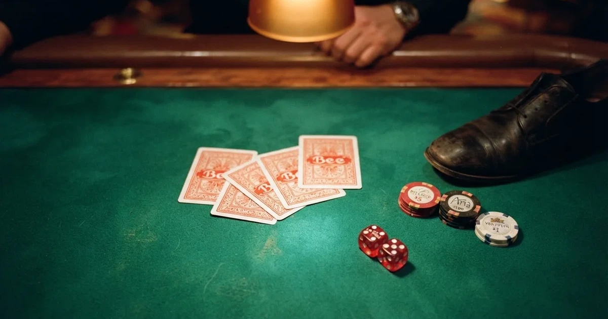 Mesa de jogo iluminada com cartas, vista de cima — slot machines em portugal
