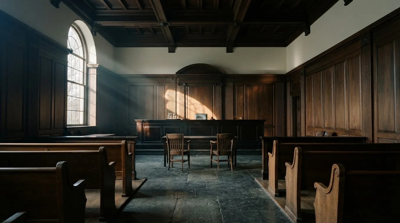 Sala de tribunal vazia com painéis de madeira, à luz da manhã — slots com bonus em portugal