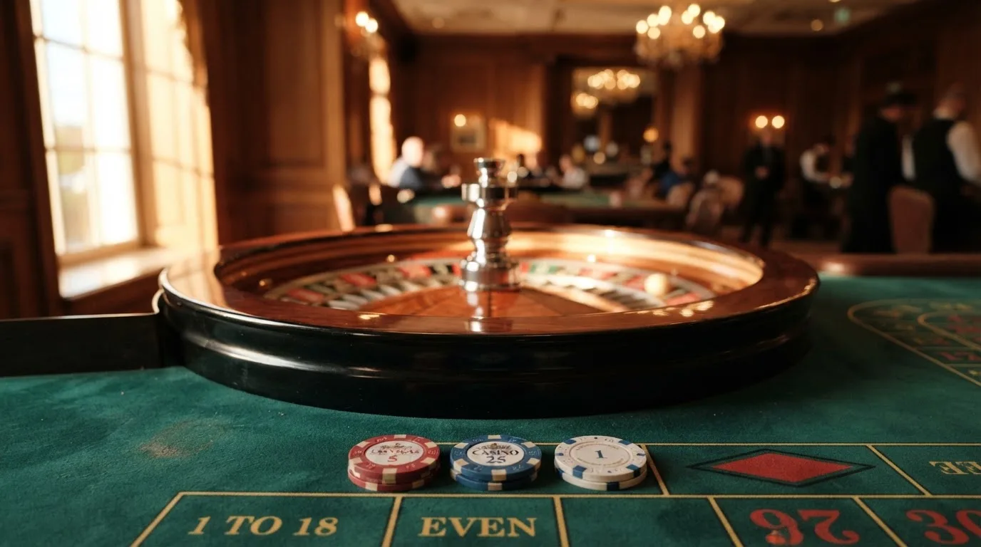 Roda de roleta e fichas sobre feltro verde, sob uma luz quente de fim de tarde — slots com bonus em portugal