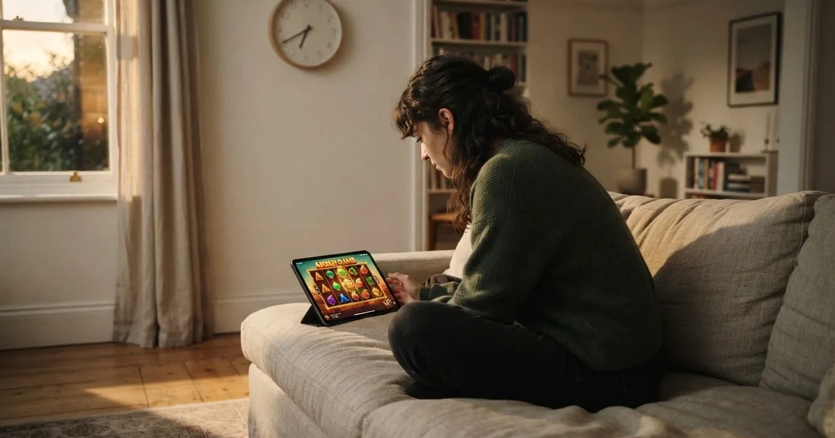 Pessoa num sofá a olhar pensativa para um tablet, com um relógio na parede atrás — slots com bonus em portugal