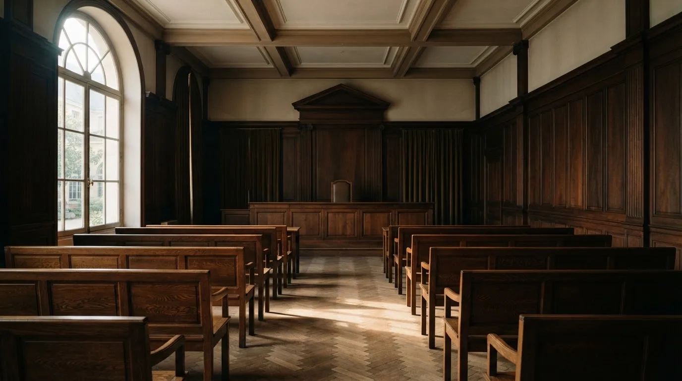 Sala de tribunal vazia com painéis de madeira, à luz da manhã — slots demo em portugal