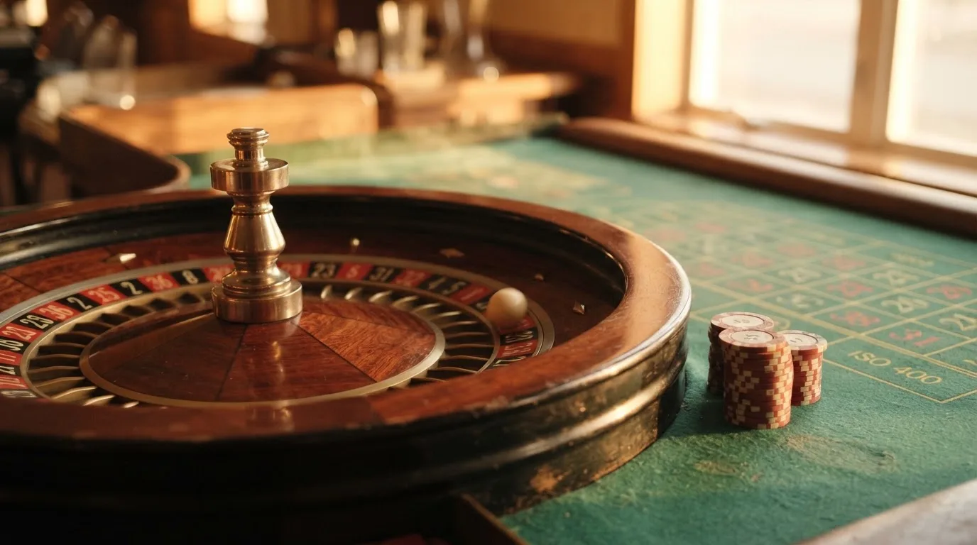 Roda de roleta e fichas sobre feltro verde, sob uma luz quente de fim de tarde — slots demo em portugal
