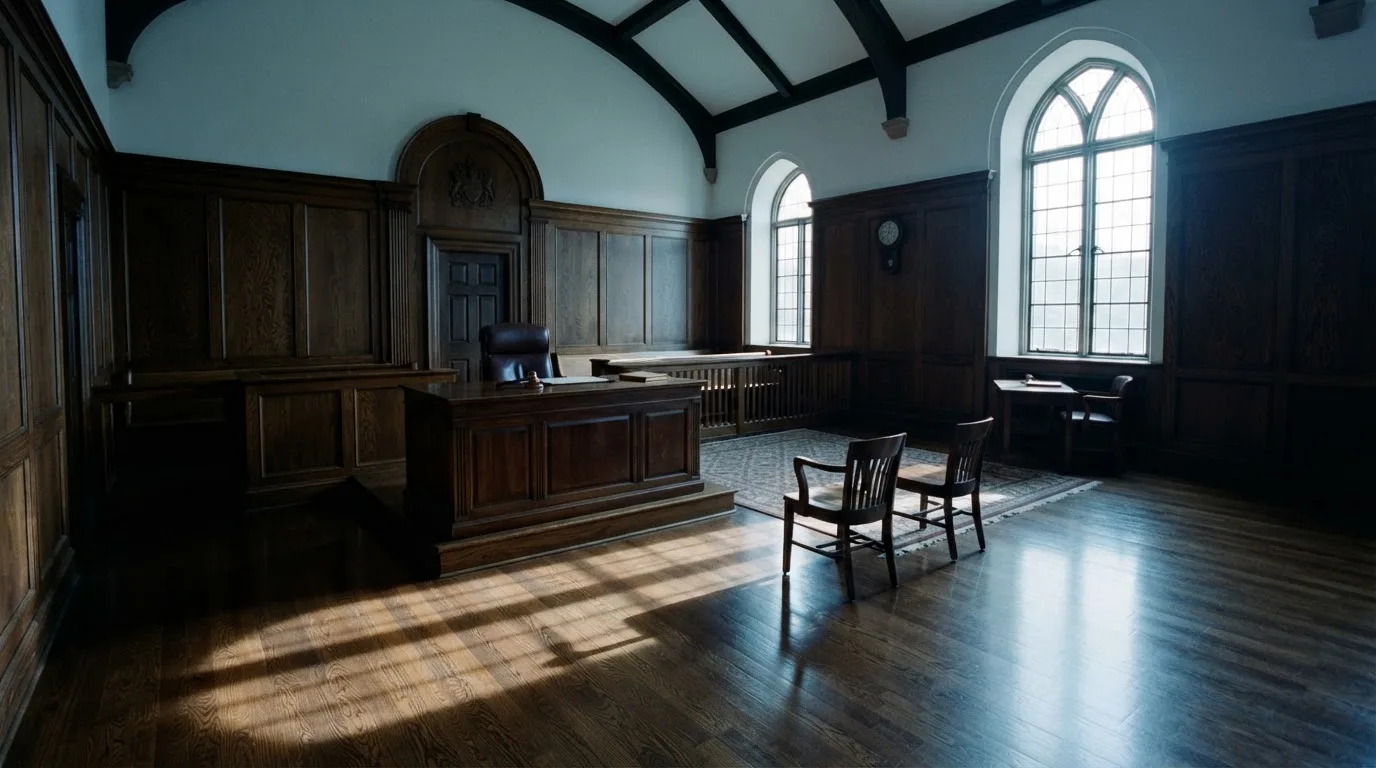 Sala de tribunal vazia com painéis de madeira, à luz da manhã — slots grátis em portugal