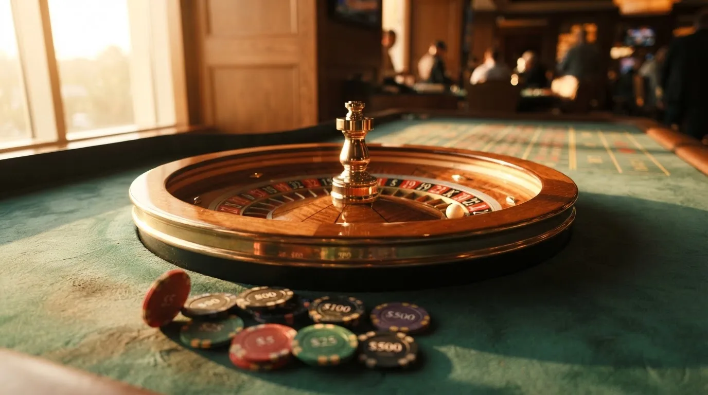 Roda de roleta e fichas sobre feltro verde, sob uma luz quente de fim de tarde — slots grátis em portugal