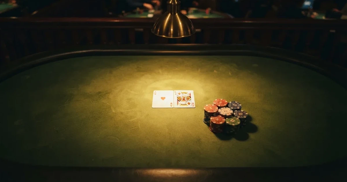 Mesa de jogo iluminada com cartas, vista de cima — slots grátis em portugal
