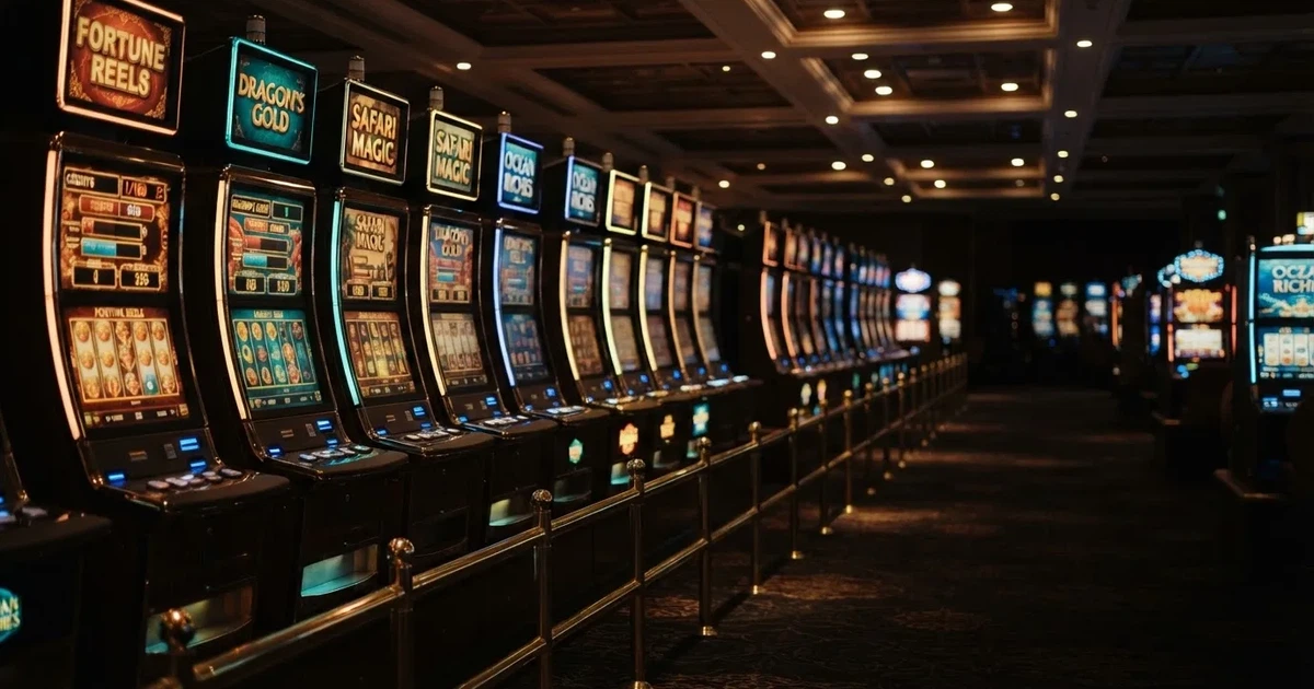 Fila de máquinas de slots num casino em Portugal vistas de lado, com rolos iluminados e carpete escura, sem pessoas, fotografia de interior.