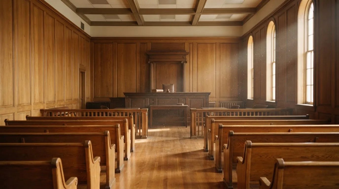 Sala de tribunal vazia com painéis de madeira, à luz da manhã — slots por dinheiro em portugal