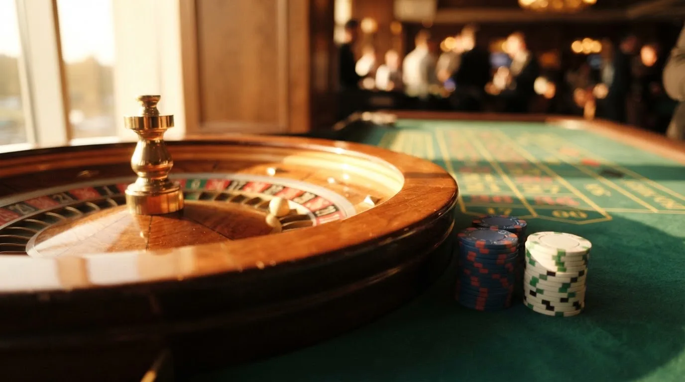 Roda de roleta e fichas sobre feltro verde, sob uma luz quente de fim de tarde — slots por dinheiro em portugal