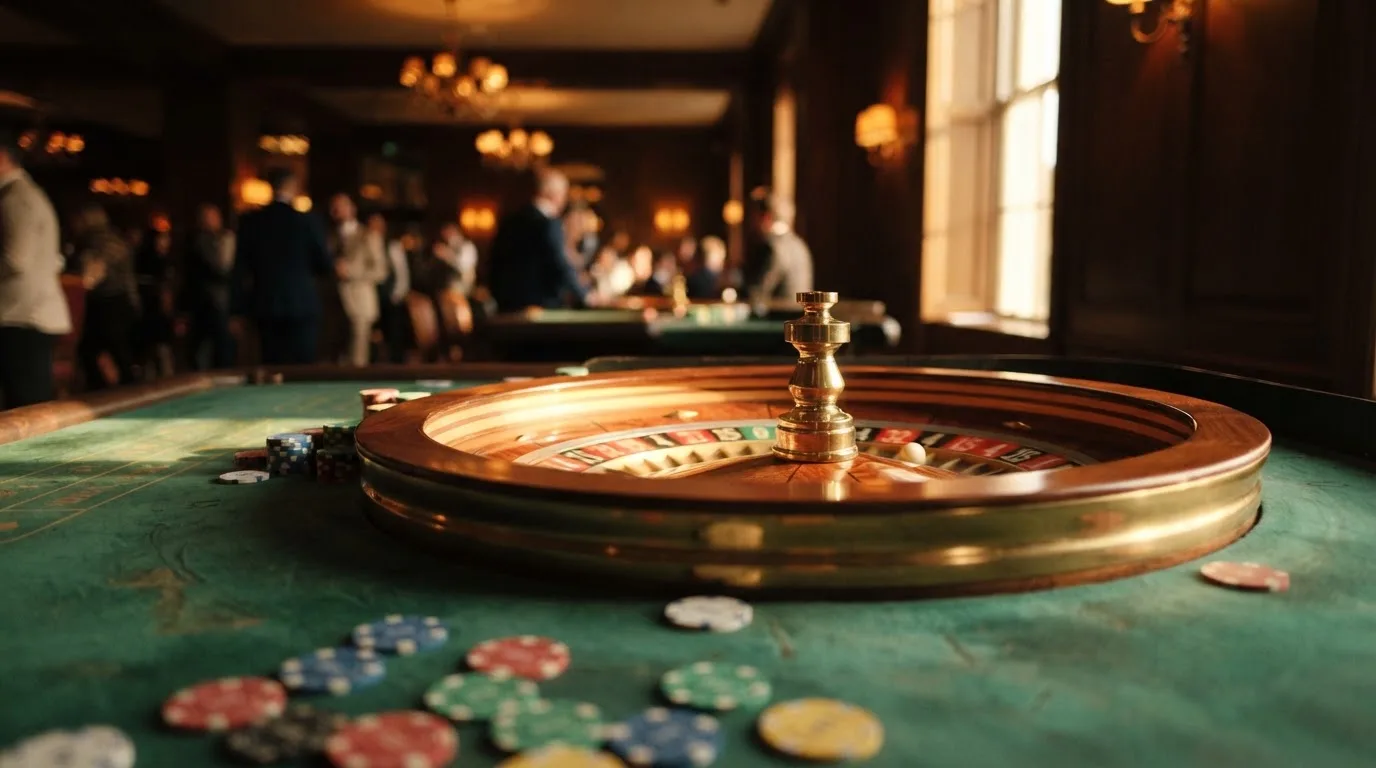 Roda de roleta e fichas sobre feltro verde, sob uma luz quente de fim de tarde — tabelas de blackjack em portugal