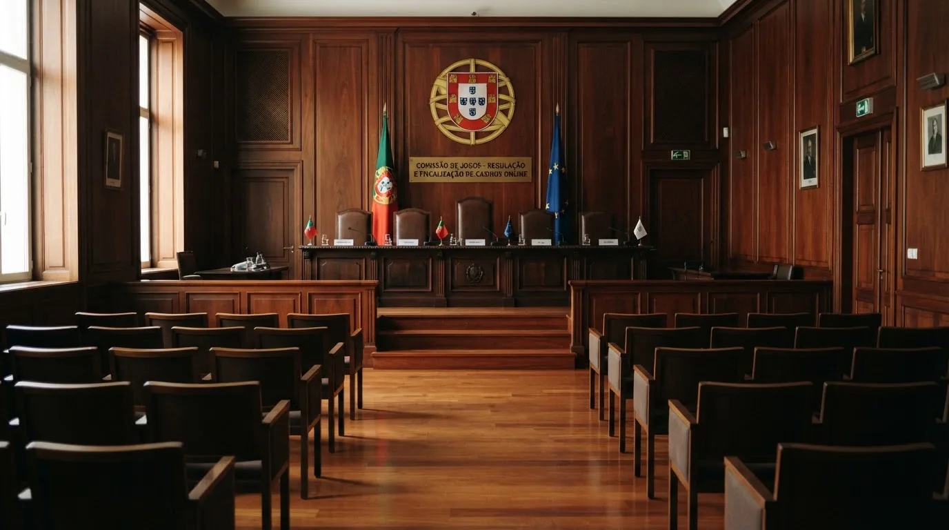 Sala de tribunal vazia com painéis de madeira, à luz da manhã — top casinos em portugal