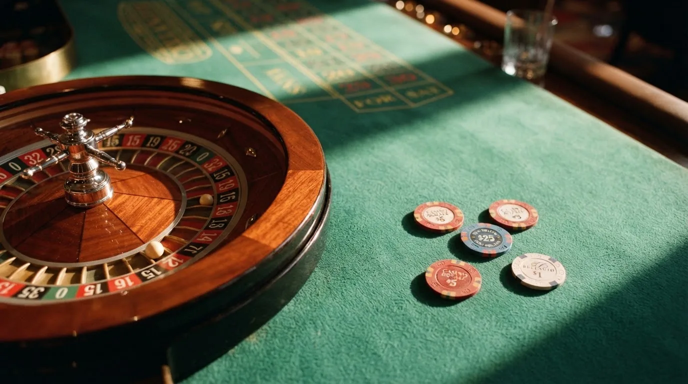 Roda de roleta e fichas sobre feltro verde, sob uma luz quente de fim de tarde — truques de casino em portugal